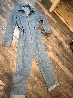 Express Light Blue Denim Jumpsuit with Contrast Stitching